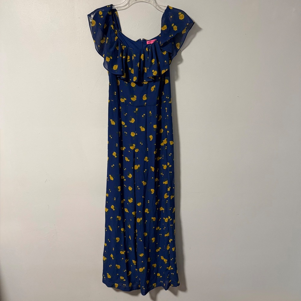 Betsey Johnson Jumpsuit Blue Yellow Floral Ruffle Wide Leg Off The Shoulder‎ 8